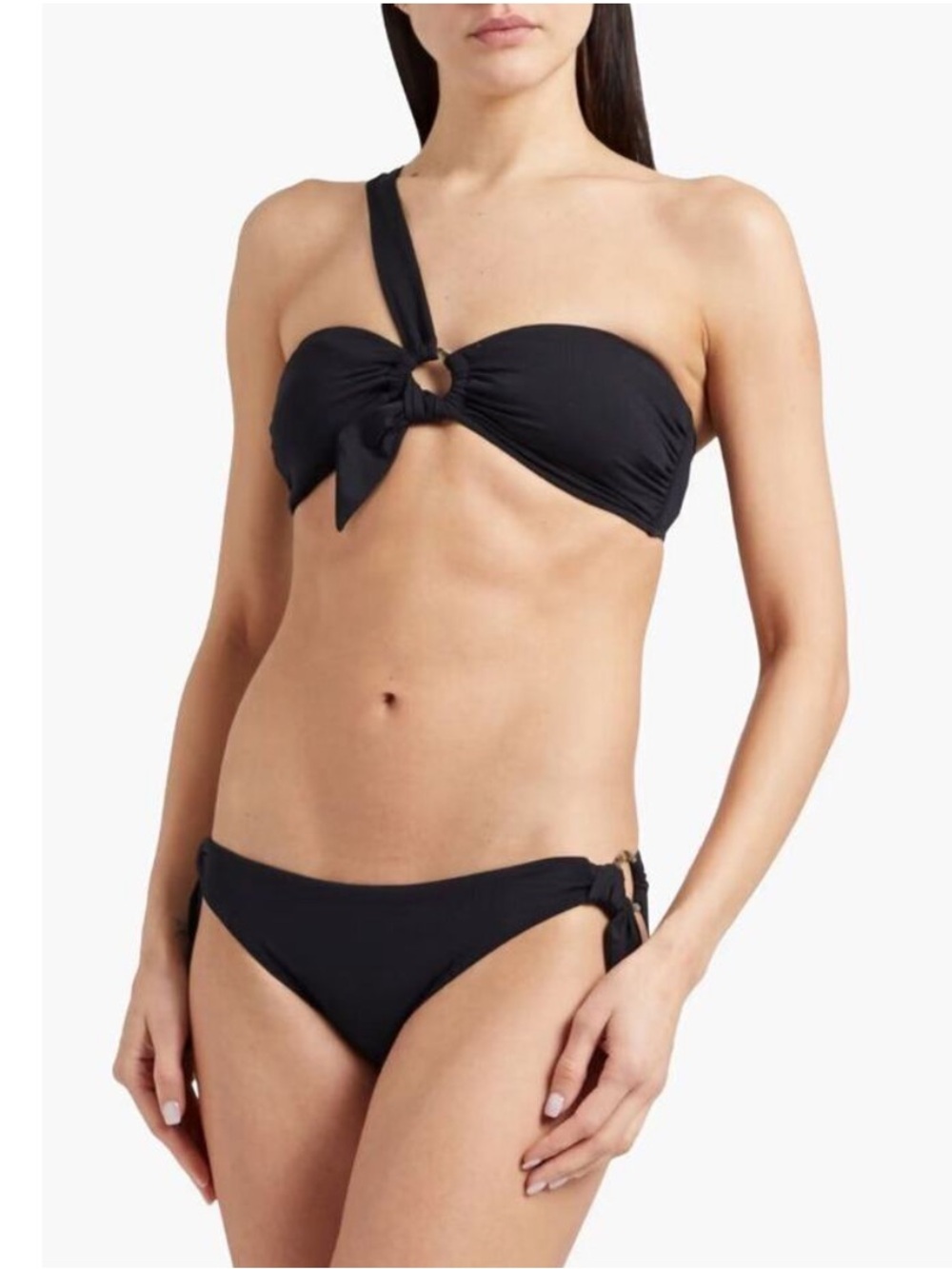 Seafolly O Ring Black One Shoulder Bandeau Top and O Ring Hipster Bikini Bottoms